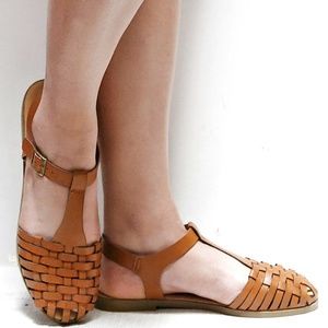 New Tan Huarache Woven T-Strap Flats Sandals